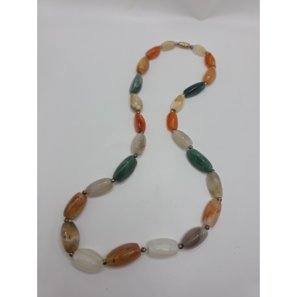 Vintage Multicolor Agate Beggar Beads Necklace Tumbled Gemstone 20" Barrel Boho